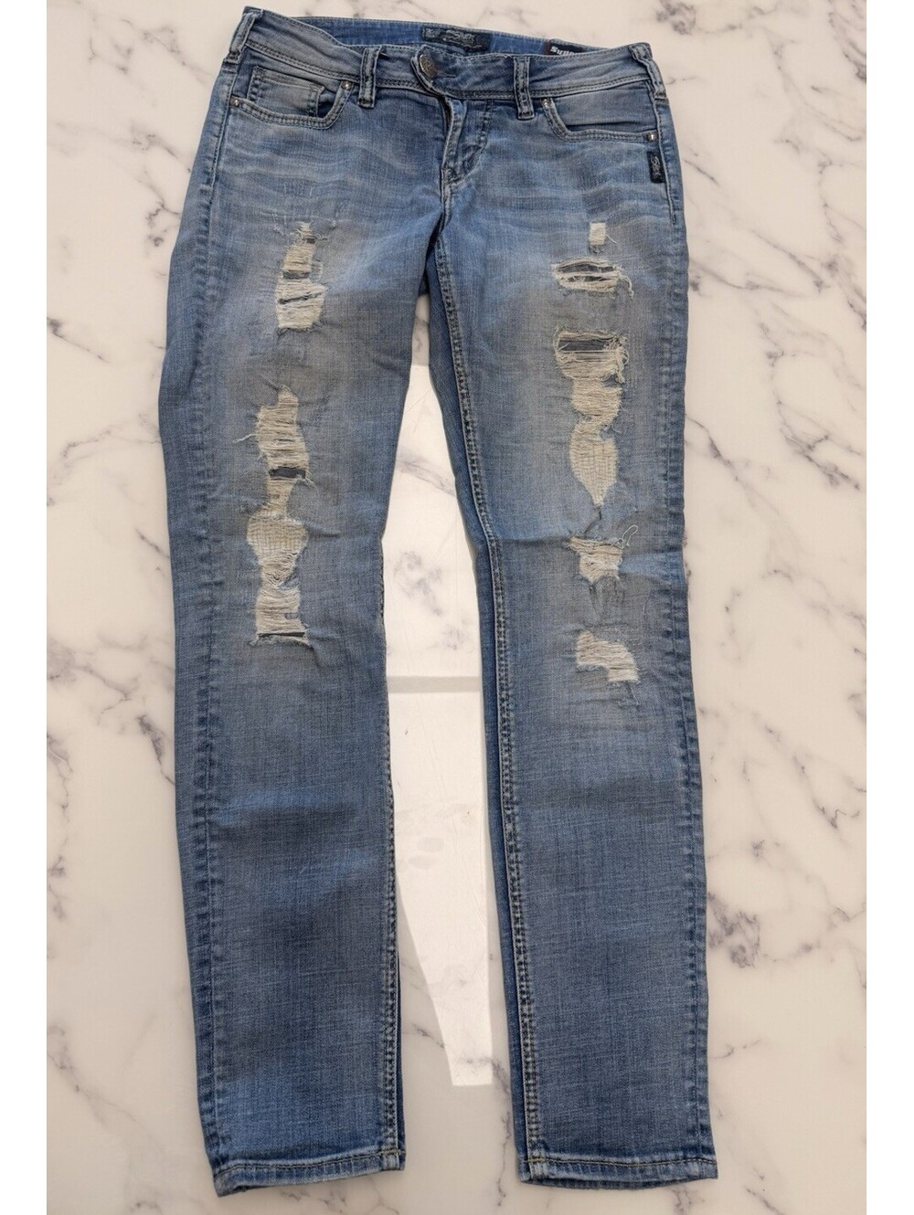 Silver Brand Denim Tuesday Super Stretch Low Skinny Denim Jeans Distressed 27 31